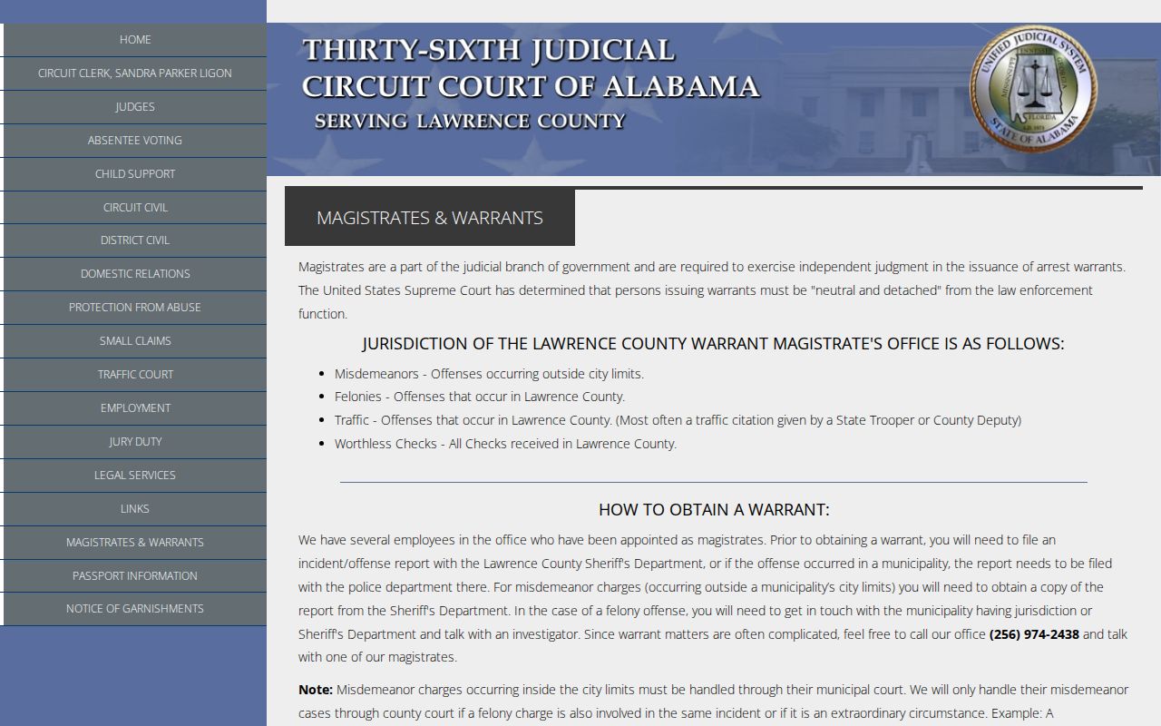 Lawrence County warrant mechanics page from the 36th Judicial Circuit