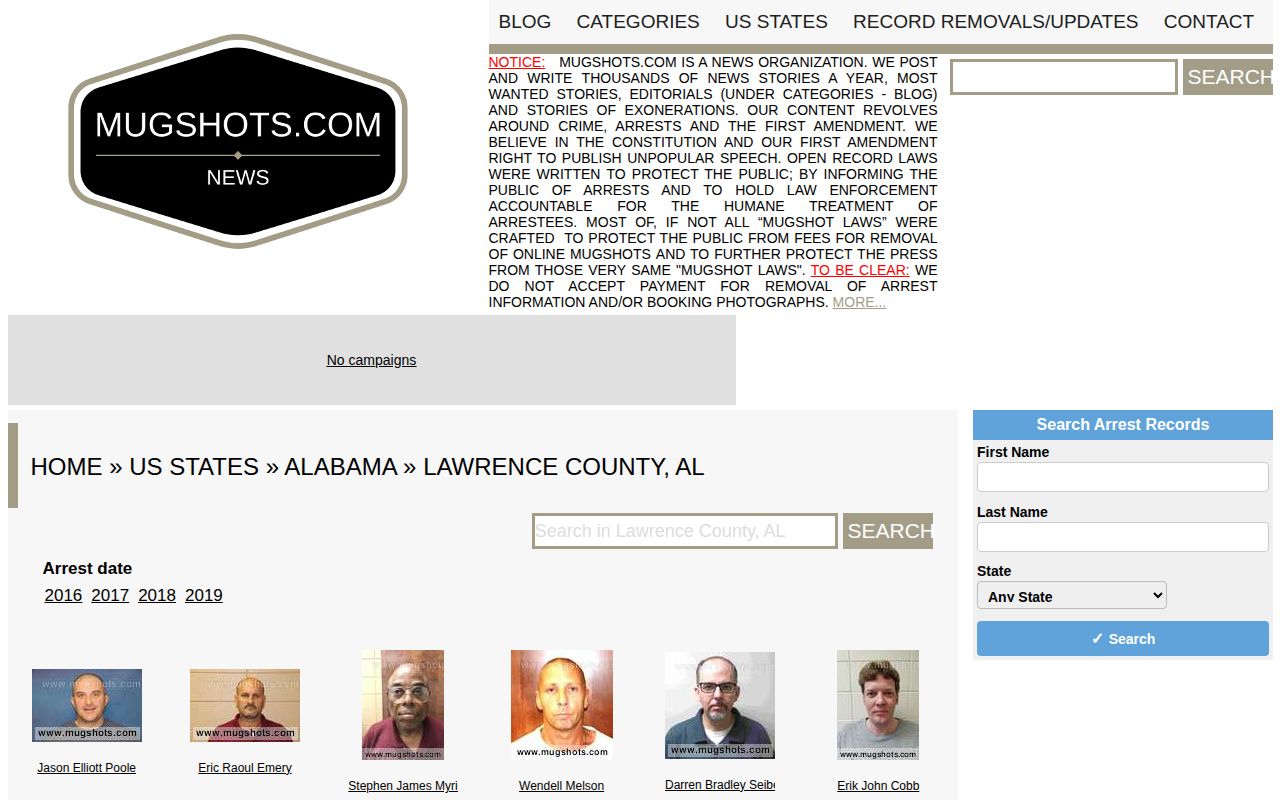 Unofficial archival Mugshots.com Lawrence County records page